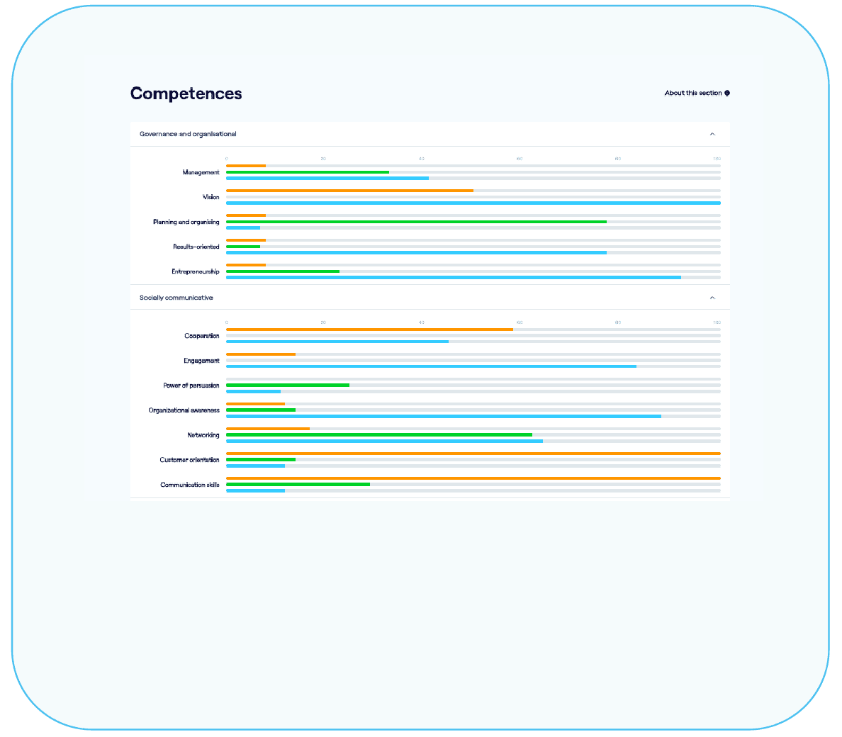 Voice Compass personal profile report example skills across different levels