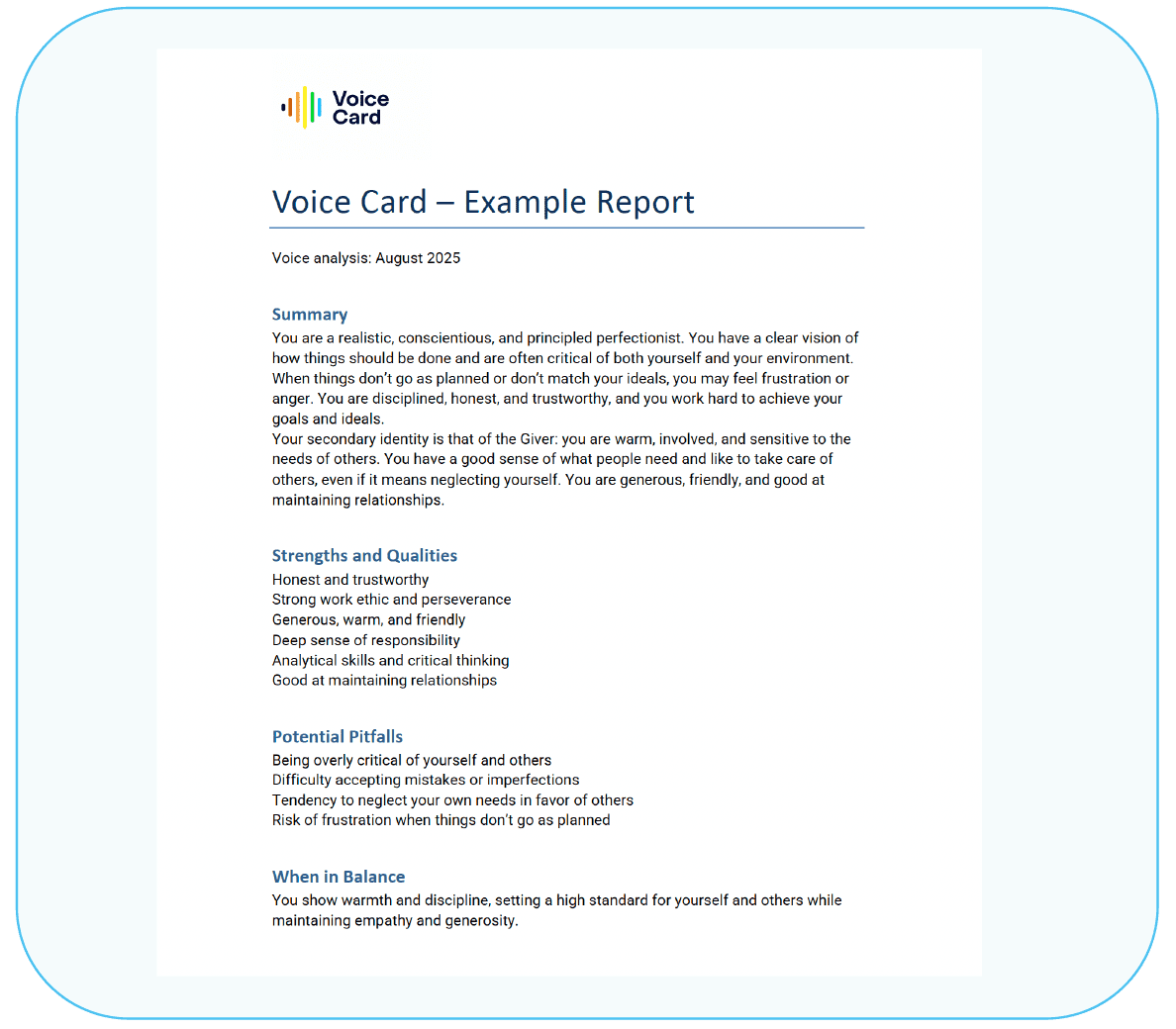 Voice Card profiel rapport stem scan persoonlijkheid zelfbeeld vaardigheden