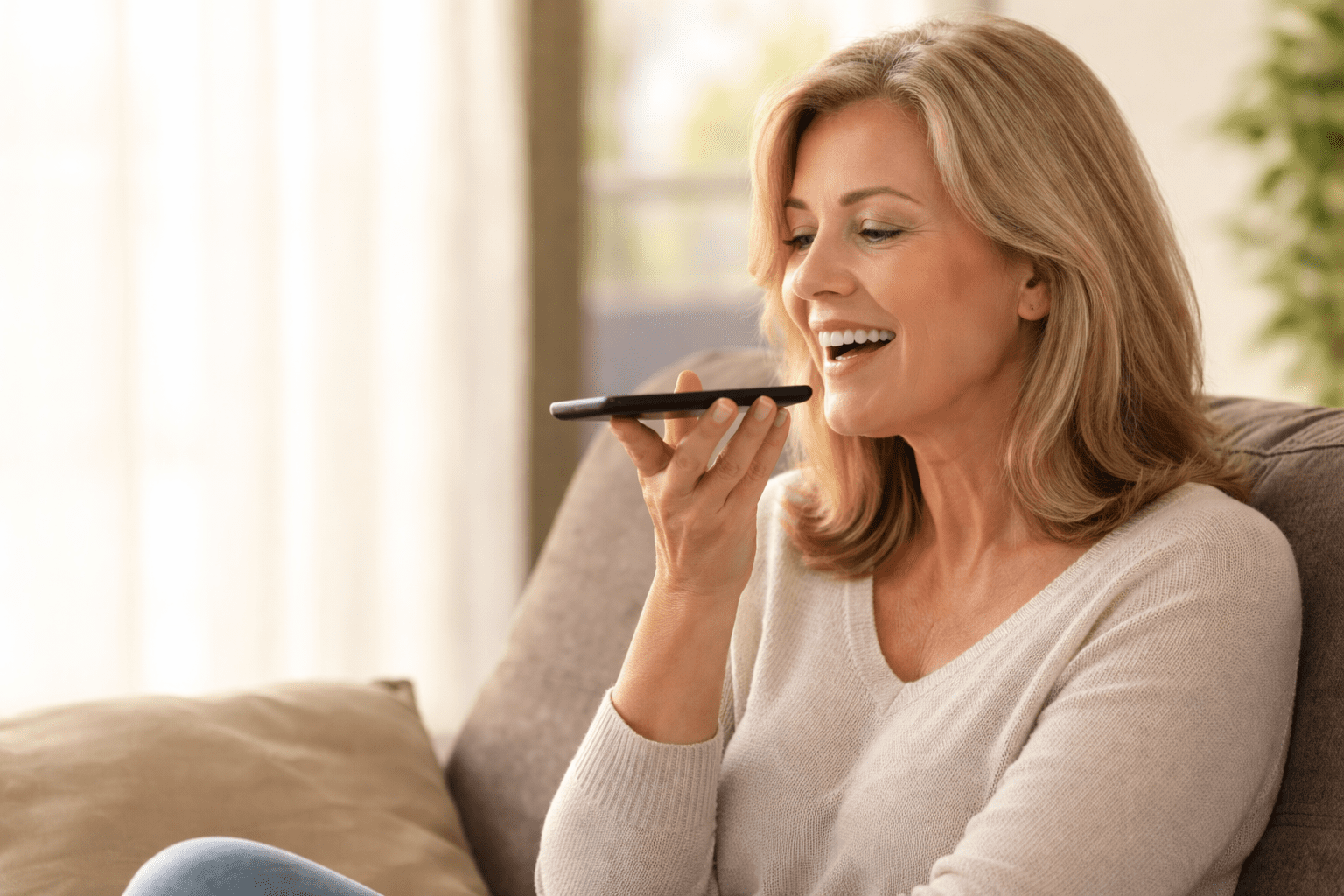 Dame spreekt telefoon app in